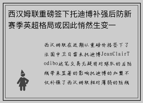 西汉姆联重磅签下托迪博补强后防新赛季英超格局或因此悄然生变一